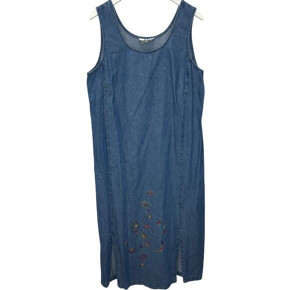 Vintage AP Collection Denim Jumper Dress Size 1X Sleeveless Leaves Embroidered - Picture 1 of 5